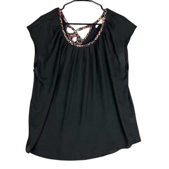 Lauren Conrad Womens Blouse Black Multi Floral Back Tie Sleeveless Pleated XL - Picture 1 of 12